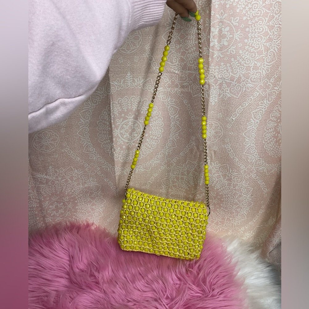 Mod Yellow Faceted Beaded Raffia Straw Purse - Picture 3 of 7